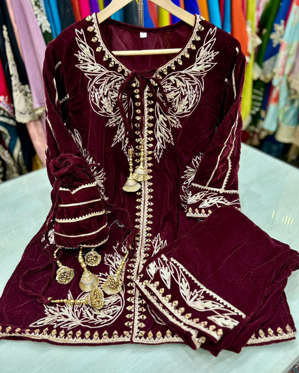 Article 1149 – Pure Velvet Potli Cordset with GotaPatti Work | Premium Velvet Suit Set