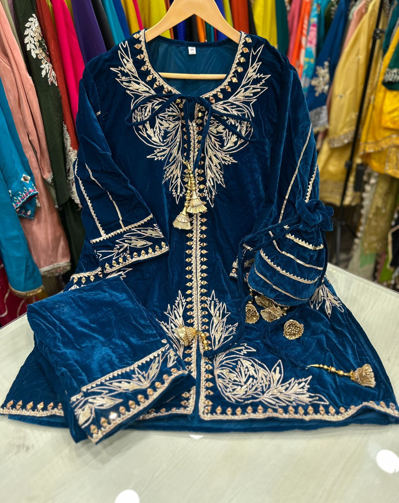 Article 1149 – Pure Velvet Potli Cordset with GotaPatti Work | Premium Velvet Suit Set