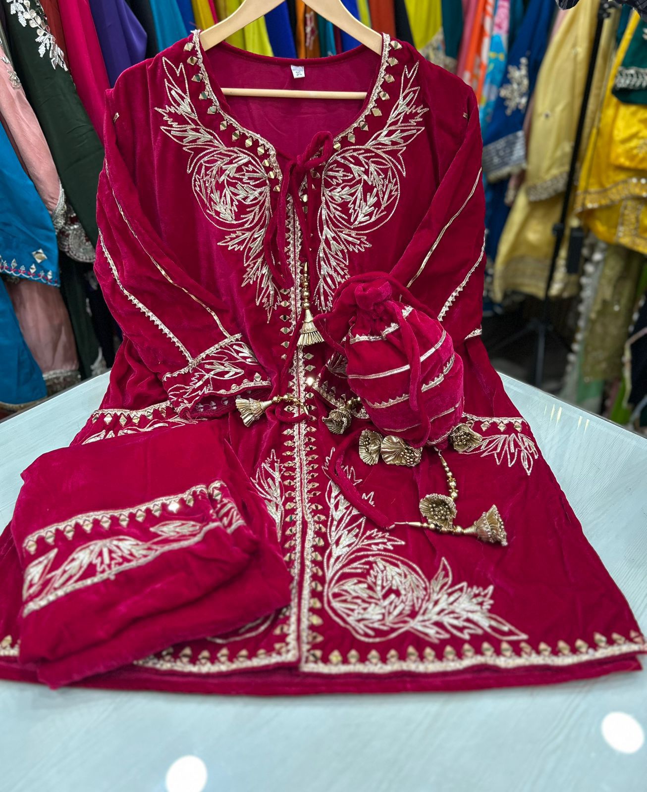 Article 1149 – Pure Velvet Potli Cordset with GotaPatti Work | Premium Velvet Suit Set