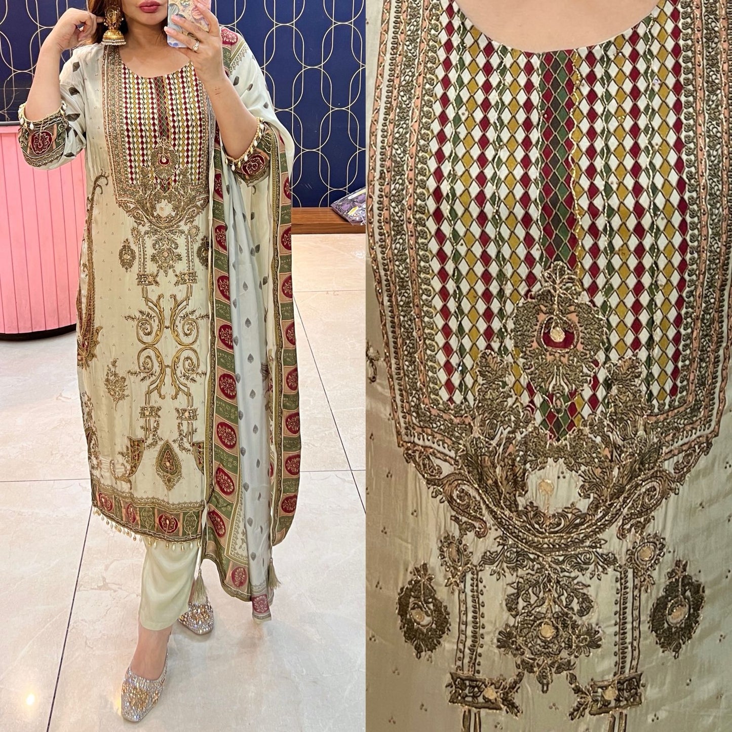 Article 1811 – Pure Crepe Embroidered Digital Printed Suit | Sizes 40–46