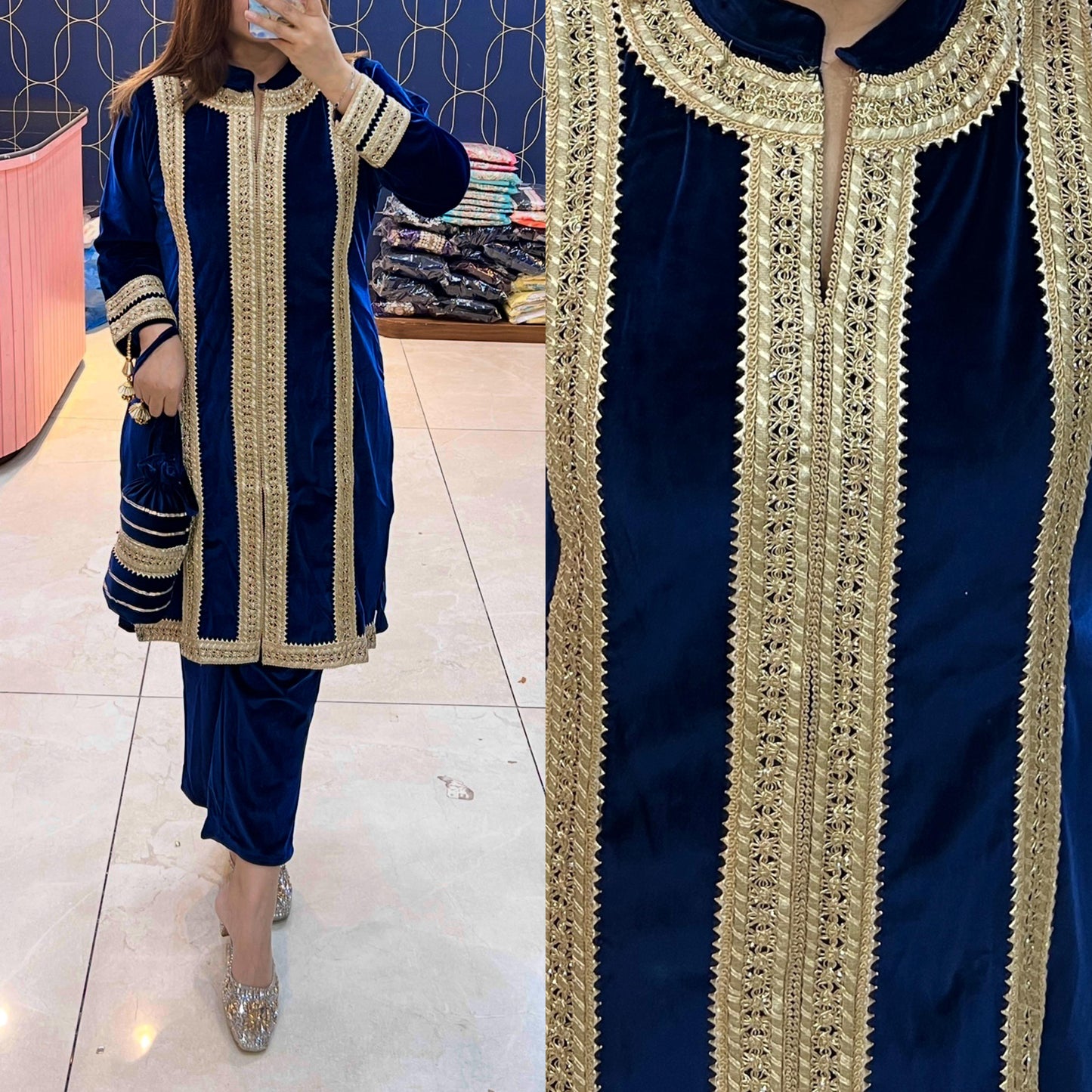 Article 1114 – Suede Fabric Potli Cordset | Premium Suede Cordset with Lace Highlighting