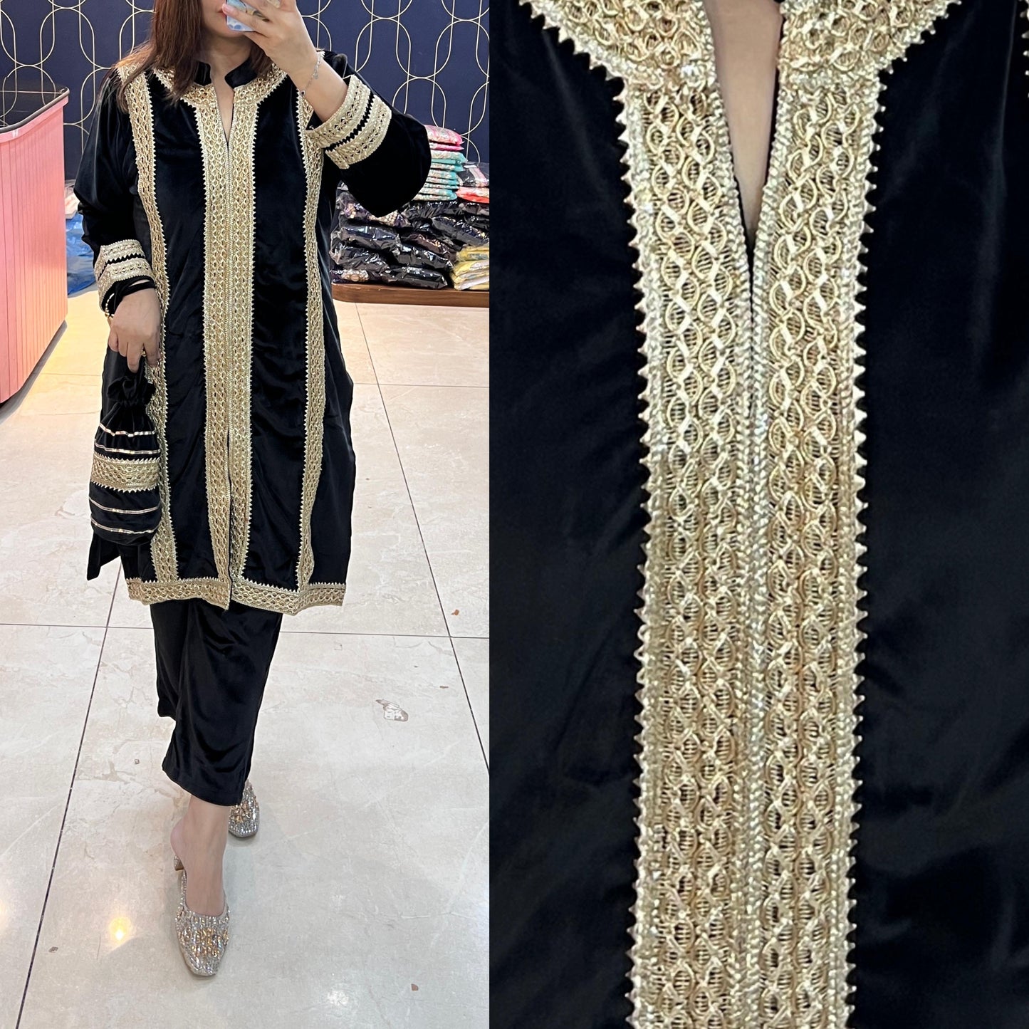 Article 1114 – Suede Fabric Potli Cordset | Premium Suede Cordset with Lace Highlighting