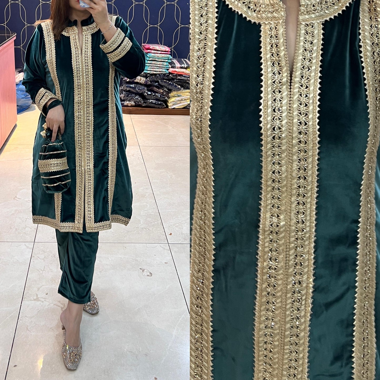 Article 1114 – Suede Fabric Potli Cordset | Premium Suede Cordset with Lace Highlighting