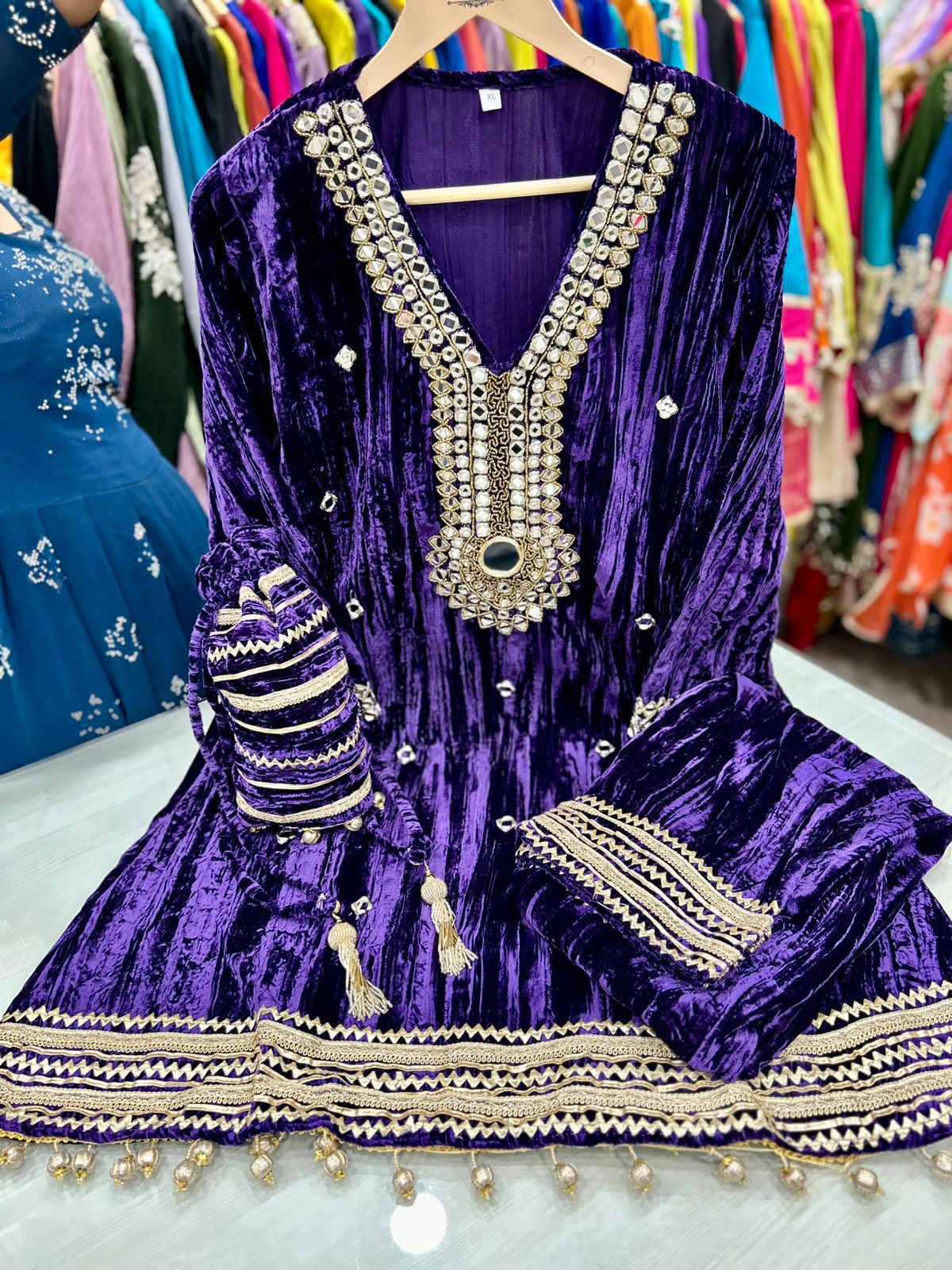 Article 1175 – Pure Velvet Crush CordSet with Potli | Mirror Work Premium Velvet Cordset