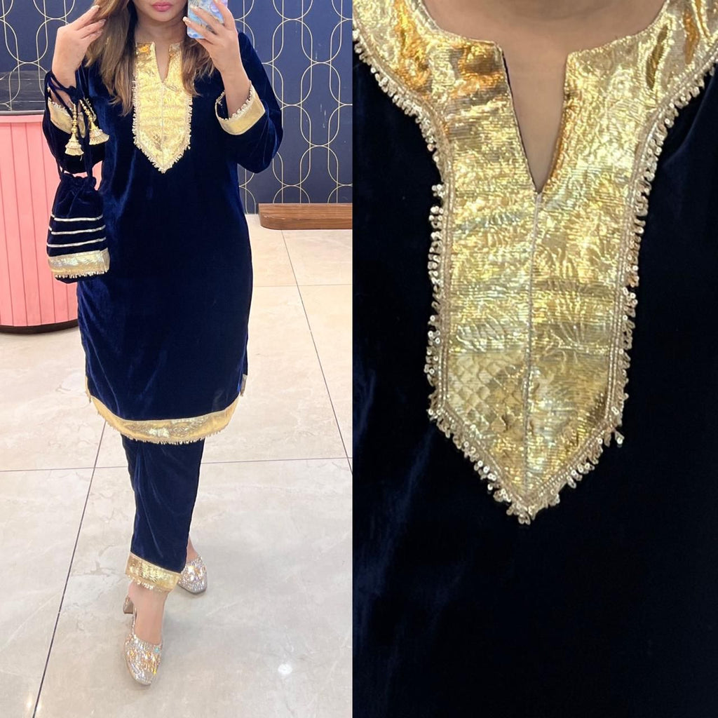Article 1089 – Velvet Cord Set with Potli | Premium Velvet Gota Work Set (Sizes 40–46)