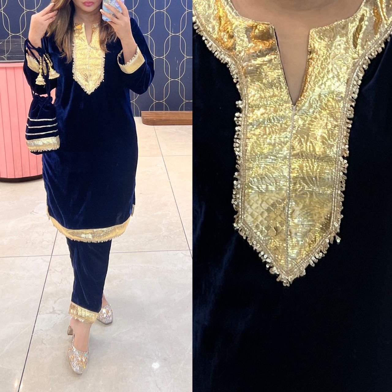 Article 1089 – Velvet Cord Set with Potli | Premium Velvet Gota Work Set (Sizes 40–46)