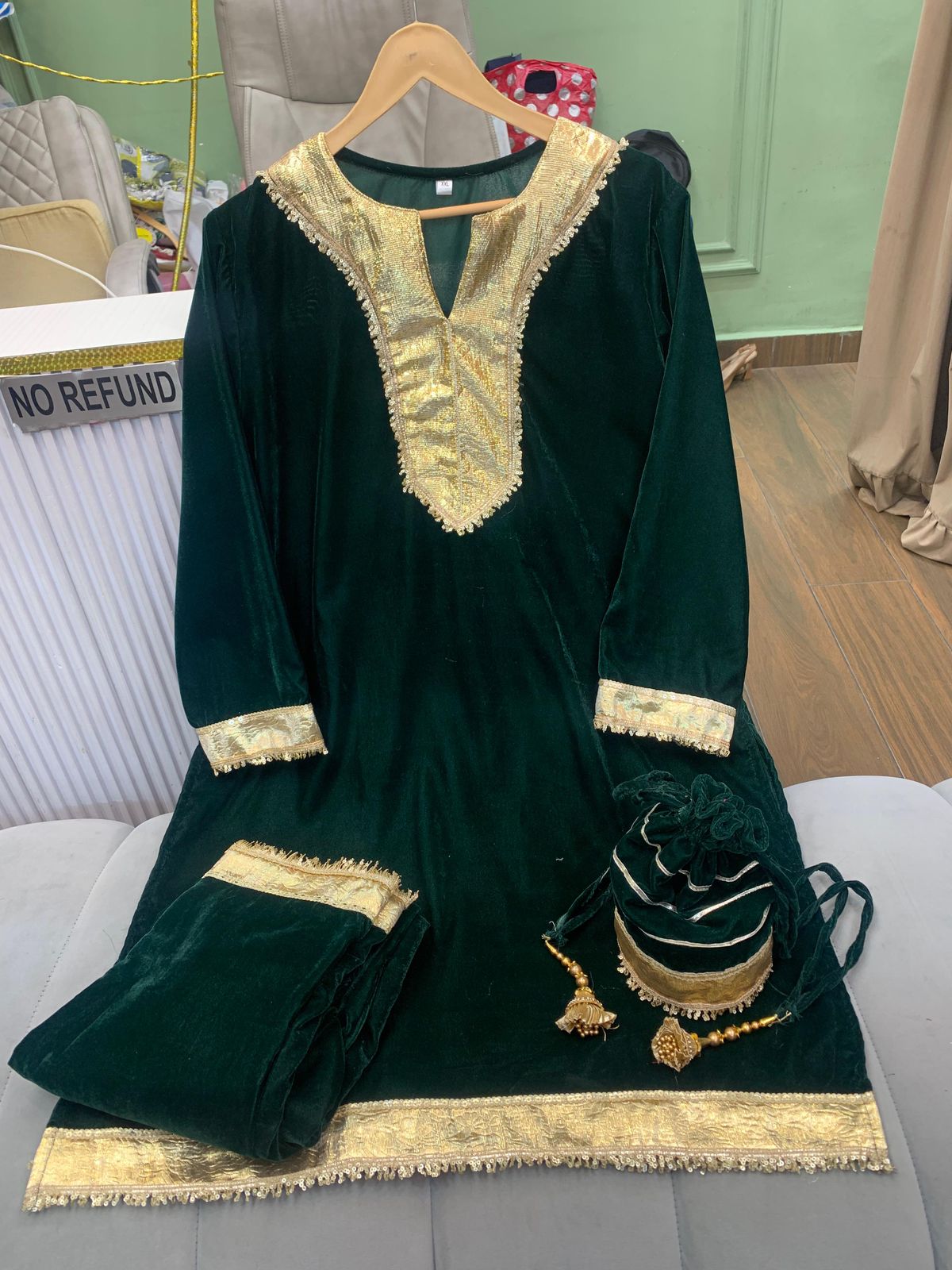 Article 1089 – Velvet Cord Set with Potli | Premium Velvet Gota Work Set (Sizes 40–46)