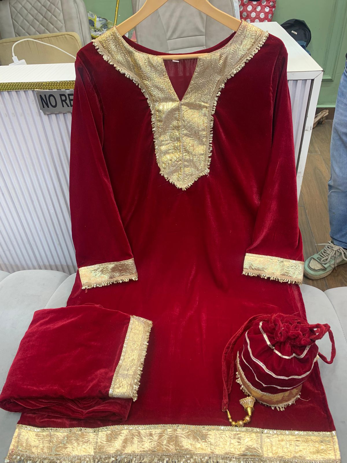 Article 1089 – Velvet Cord Set with Potli | Premium Velvet Gota Work Set (Sizes 40–46)