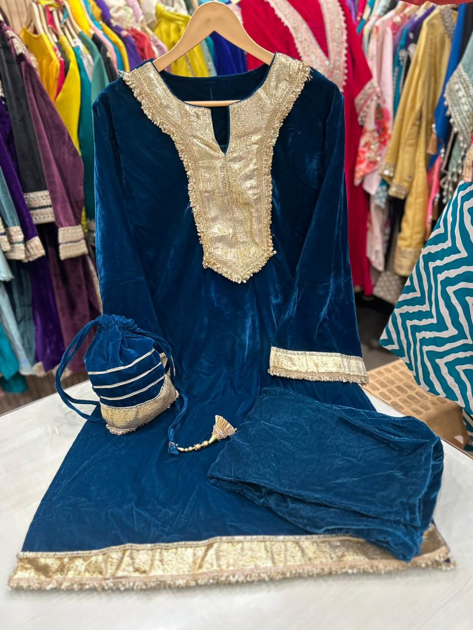 Article 1089 – Velvet Cord Set with Potli | Premium Velvet Gota Work Set (Sizes 40–46)