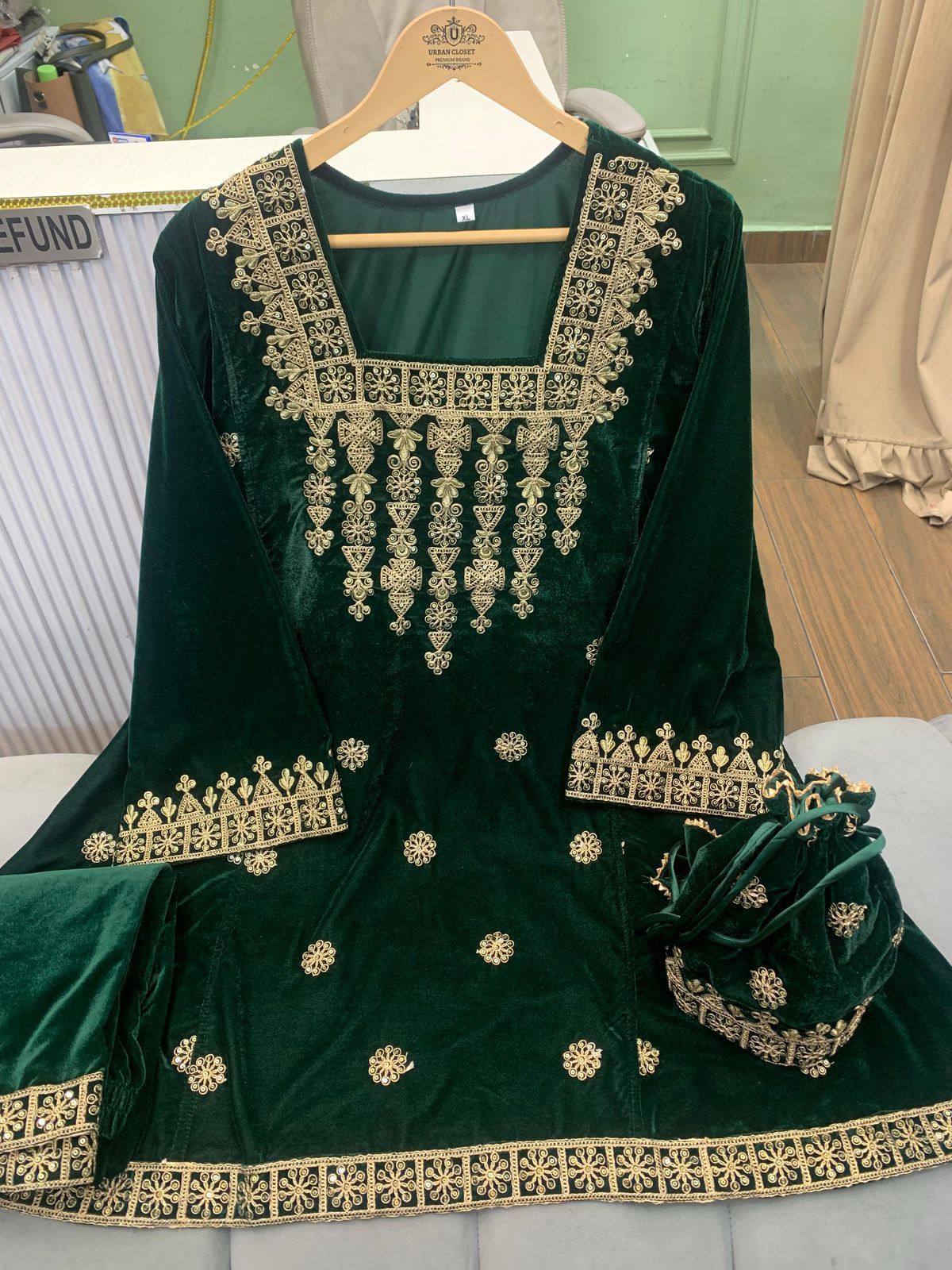 Article 1180 – Pure Velvet Cord Set with Potli | Premium Embroidered Velvet Set