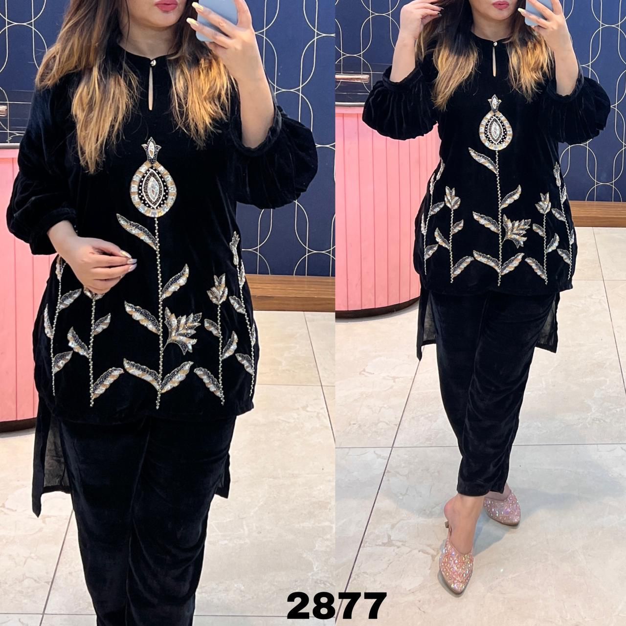 Article 1116– Pure Velvet High-Low Cord Set with Handwork | Urban Closet