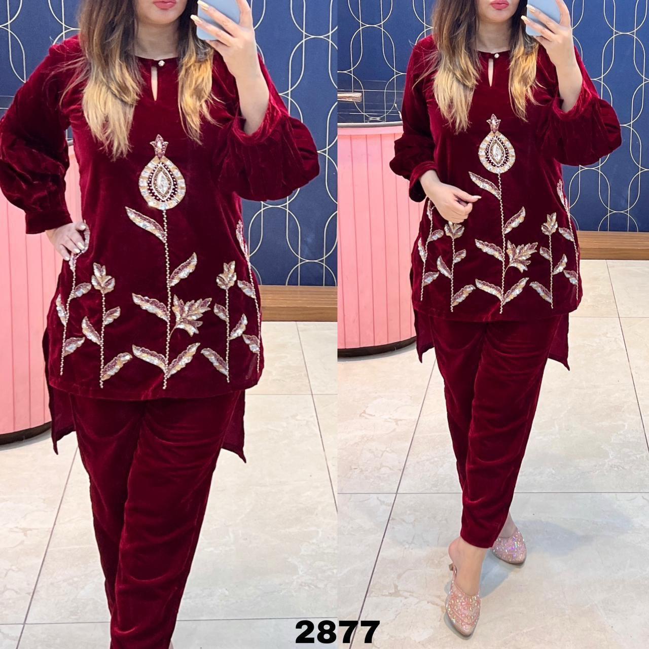 Article 1116– Pure Velvet High-Low Cord Set with Handwork | Urban Closet