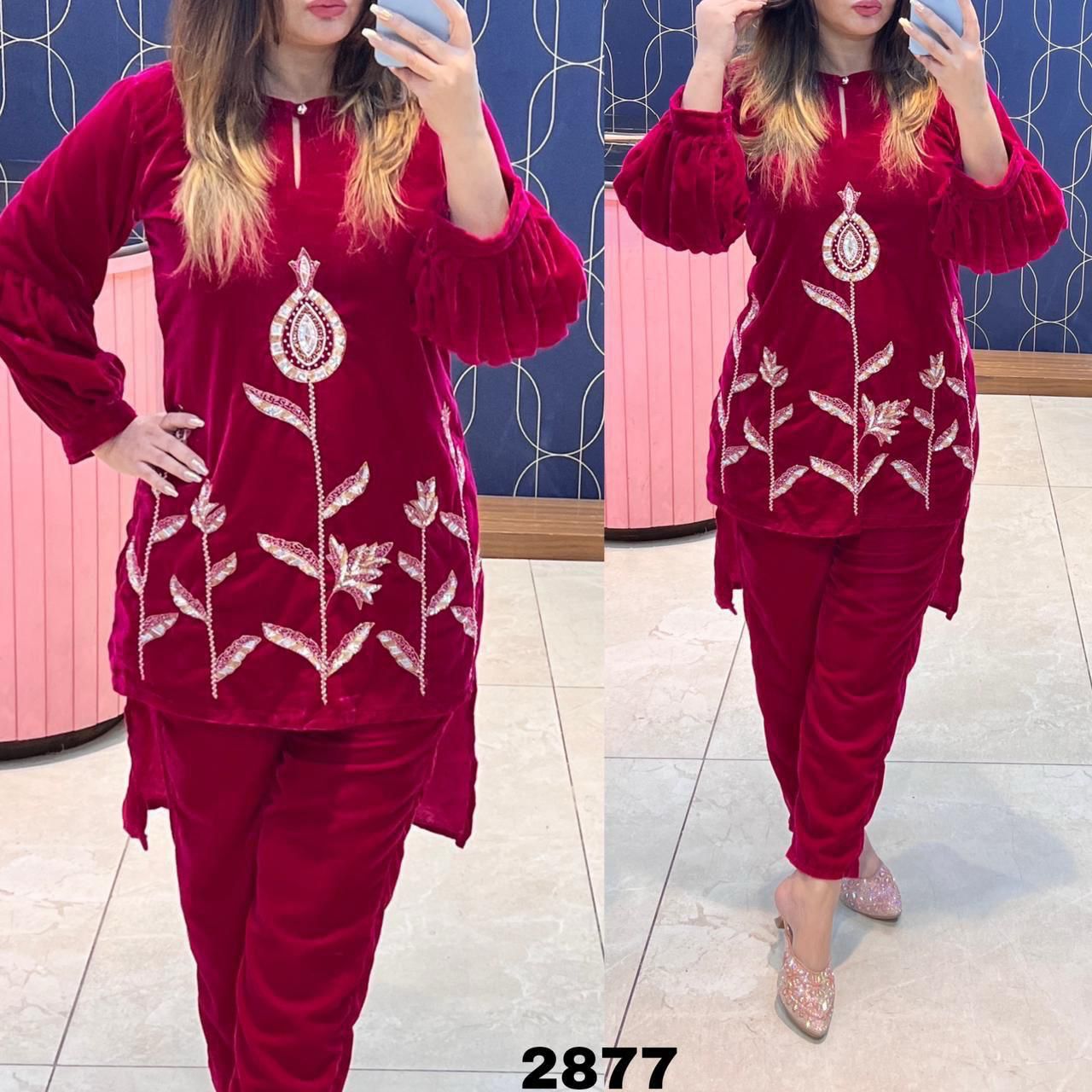 Article 1116– Pure Velvet High-Low Cord Set with Handwork | Urban Closet