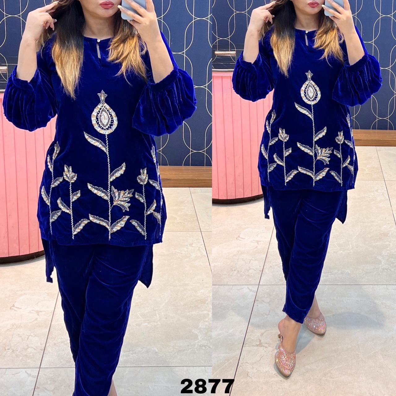 Article 1116– Pure Velvet High-Low Cord Set with Handwork | Urban Closet