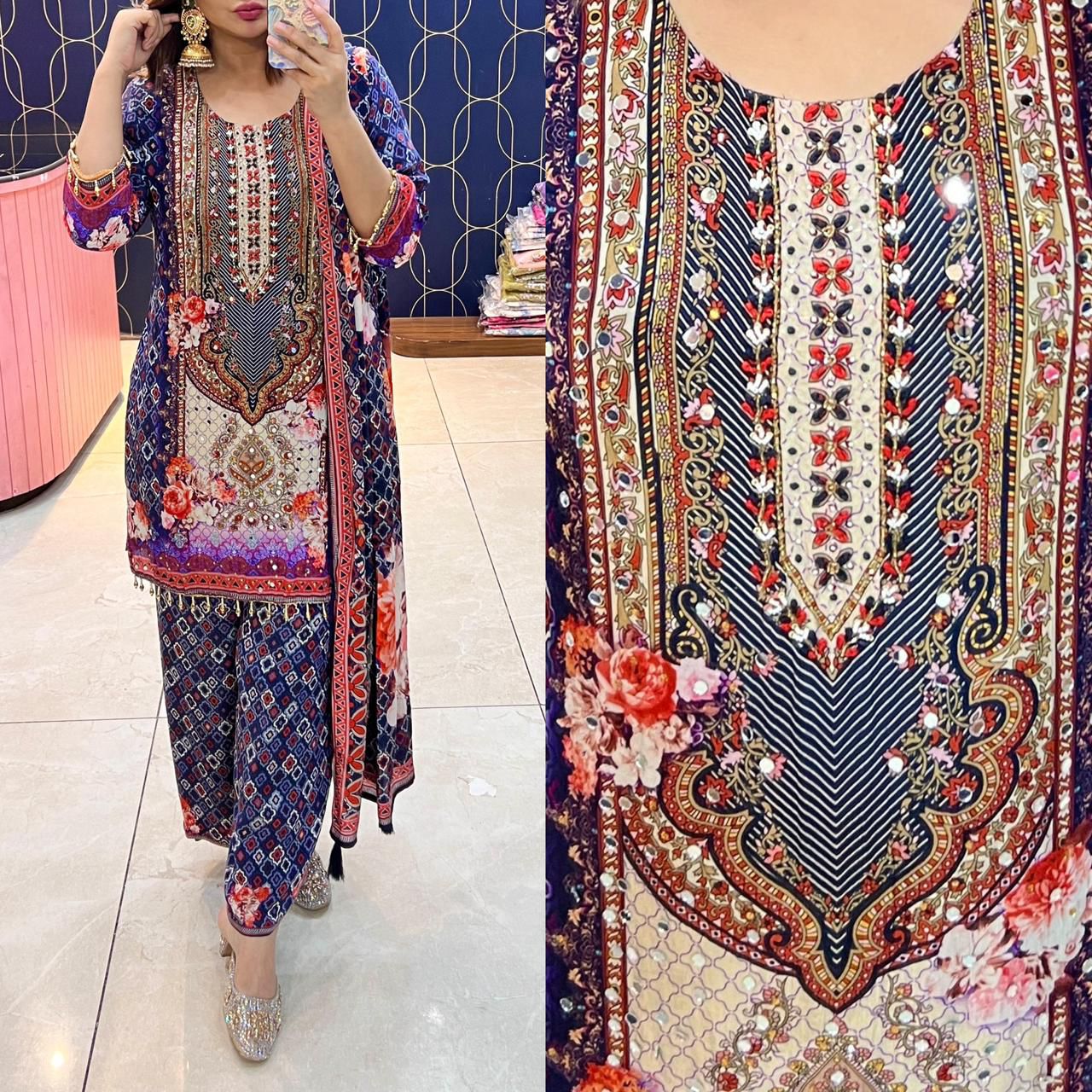 Article 1837 – Pure Crepe Digital Printed Suit with Handwork | Designer Suit | Sizes 38–44