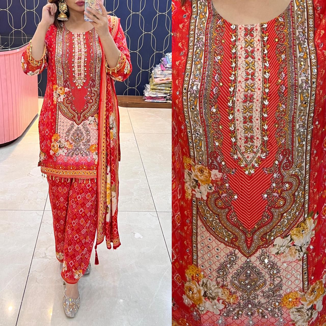 Article 1837 – Pure Crepe Digital Printed Suit with Handwork | Designer Suit | Sizes 38–44