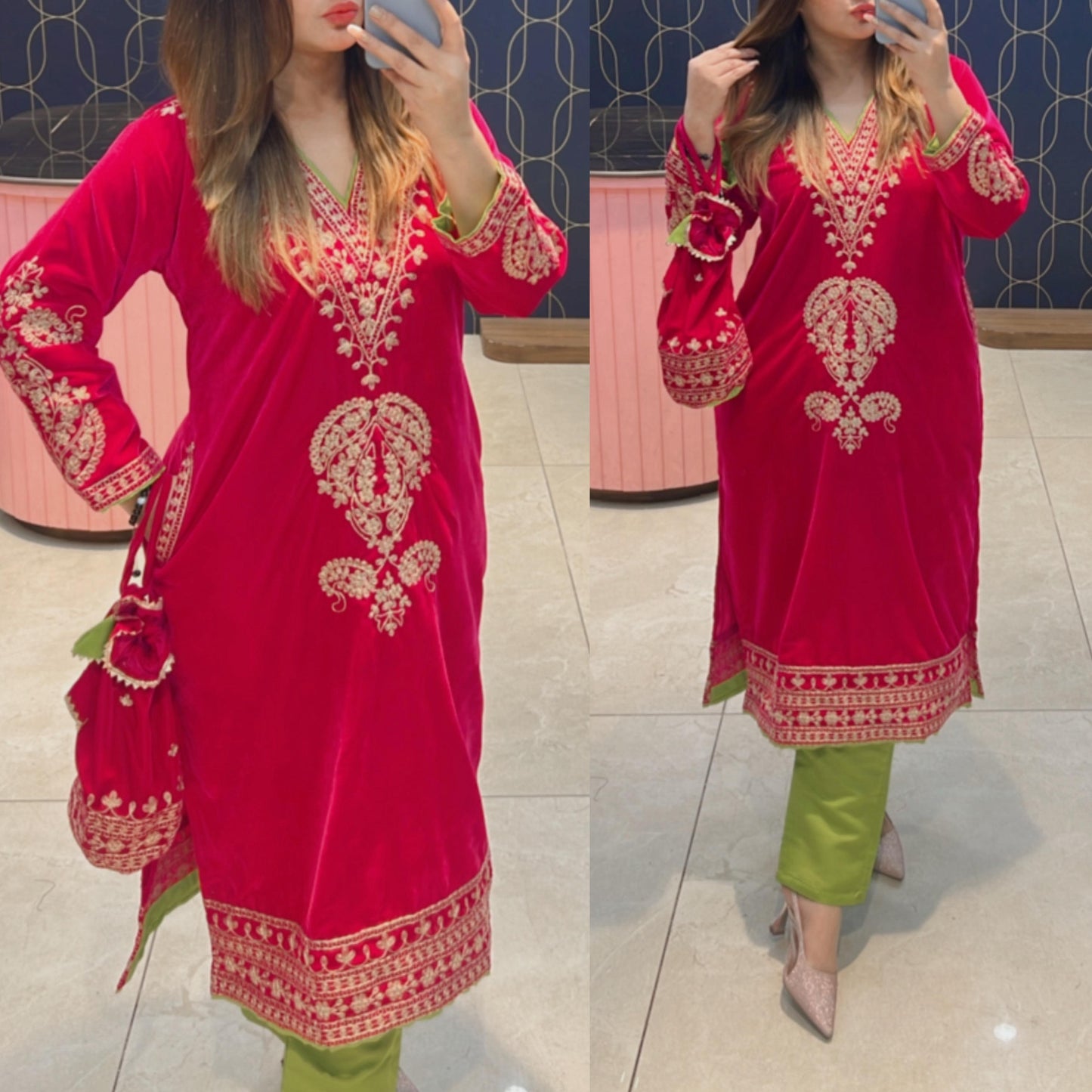 Article 1191 – Pure Velvet Pakistani Pheran Cordset with Embroidery & Matching Potli | Sizes 40–46