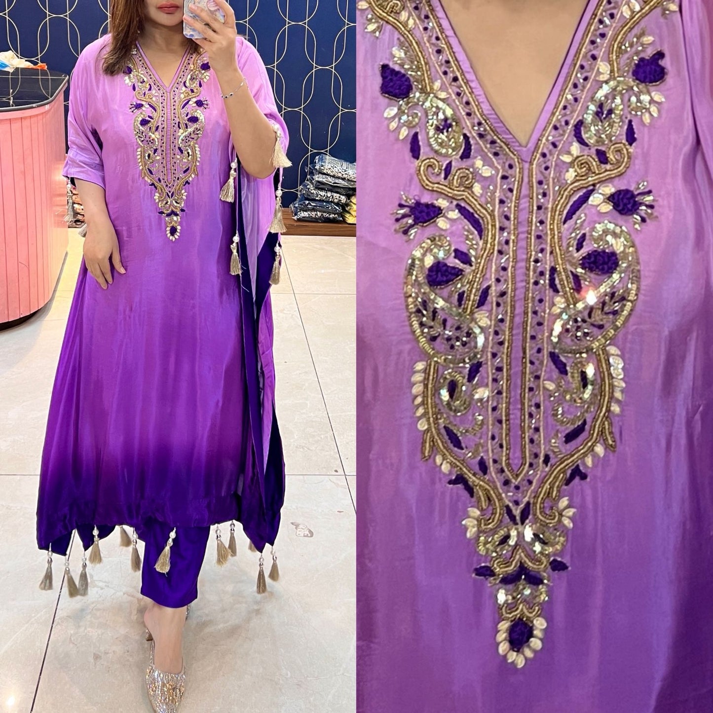 Article 1901 – Pure Crepe Ombre Print Kaftan with Hand Embroidery | Premium Designer Wear | Sizes 38–46