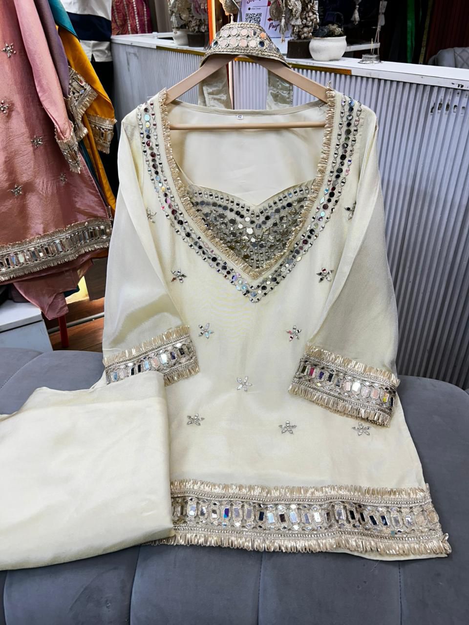 Article 1768 – Pure Glass Tissue Bustier Sharara Cordset with Choker Dupatta & Mirror Work