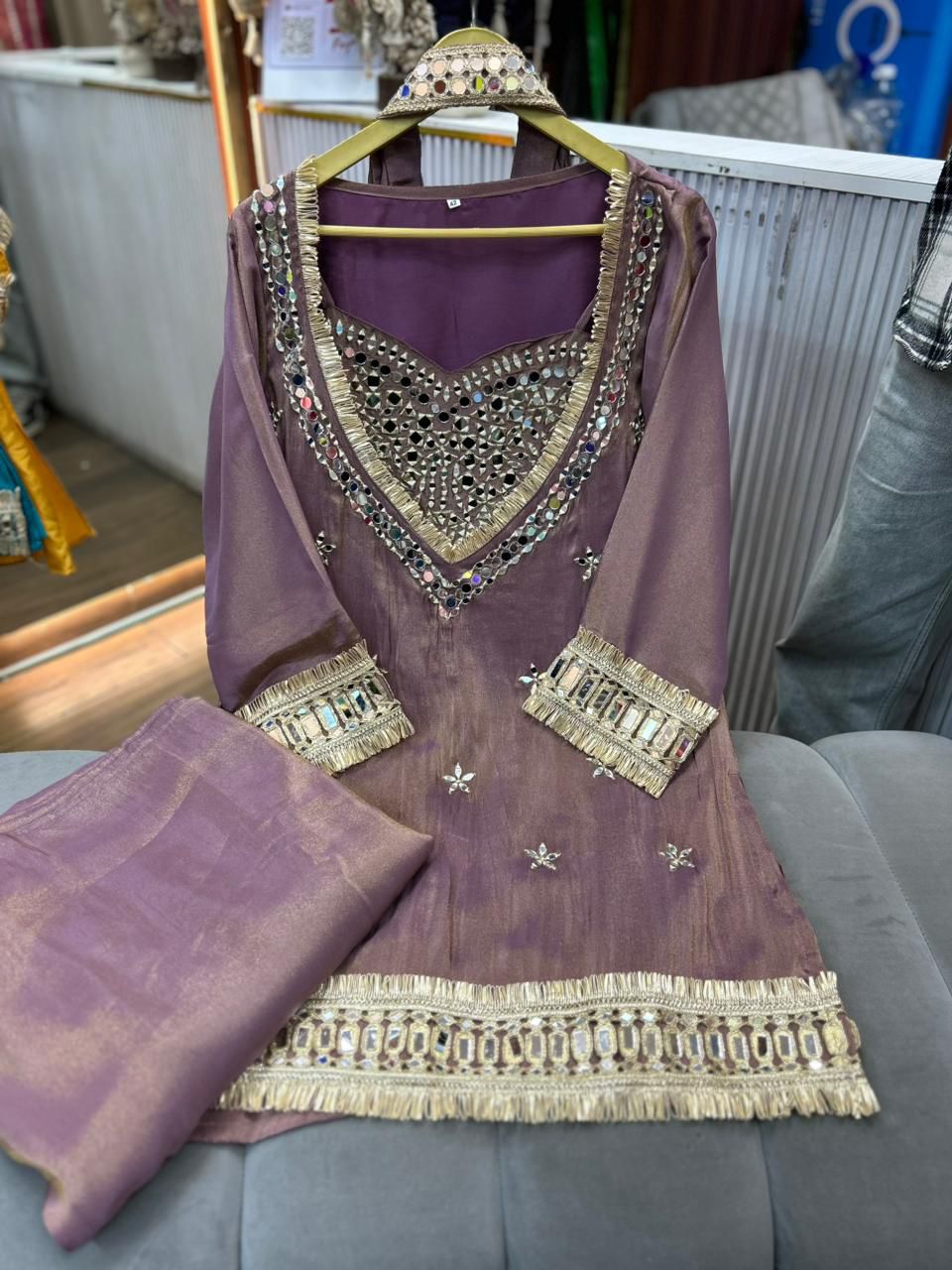 Article 1768 – Pure Glass Tissue Bustier Sharara Cordset with Choker Dupatta & Mirror Work