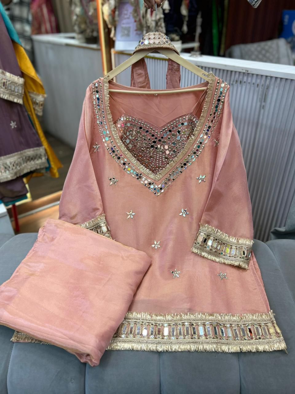 Article 1768 – Pure Glass Tissue Bustier Sharara Cordset with Choker Dupatta & Mirror Work