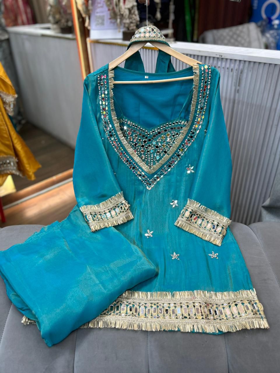 Article 1768 – Pure Glass Tissue Bustier Sharara Cordset with Choker Dupatta & Mirror Work