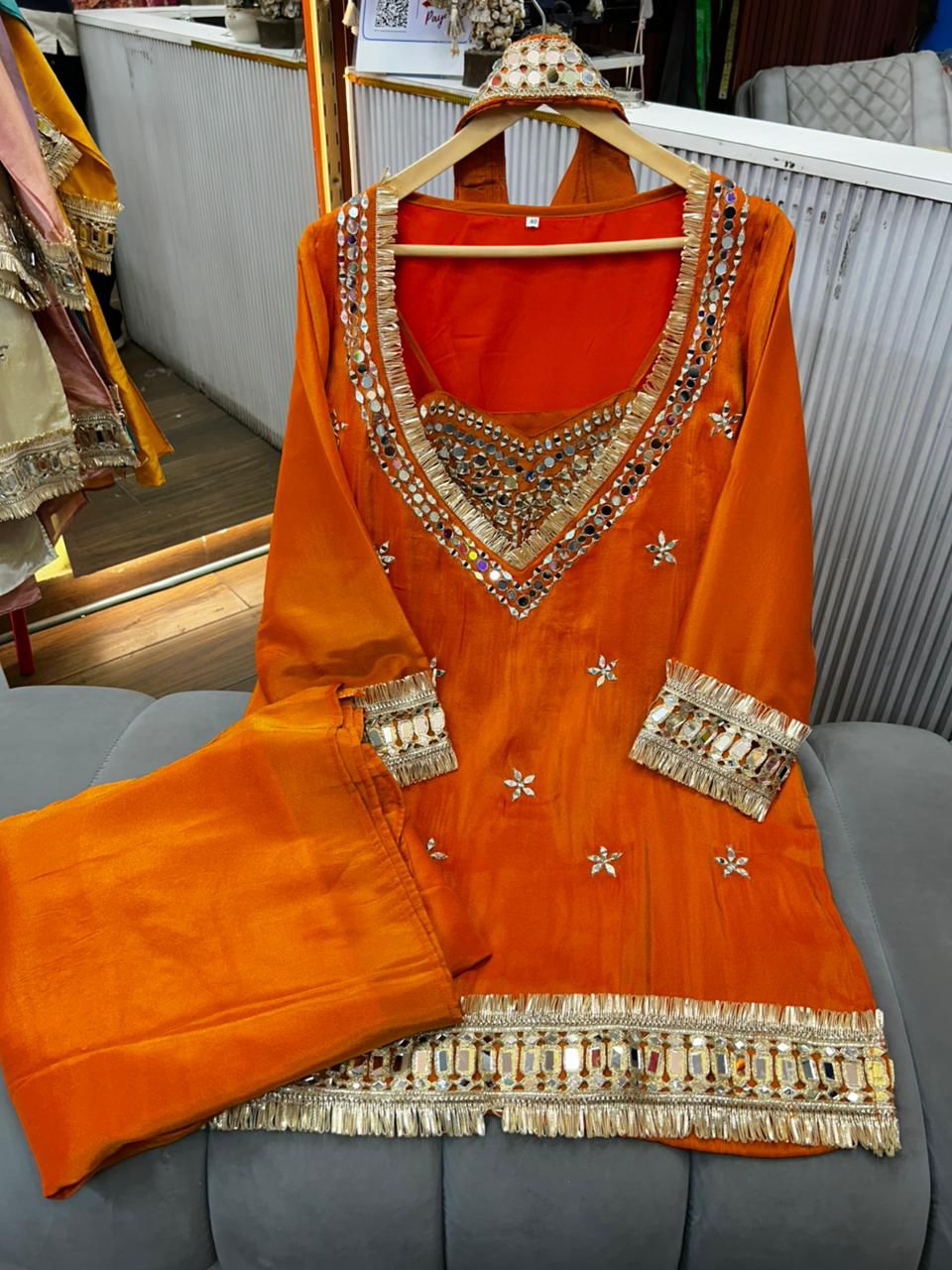 Article 1768 – Pure Glass Tissue Bustier Sharara Cordset with Choker Dupatta & Mirror Work