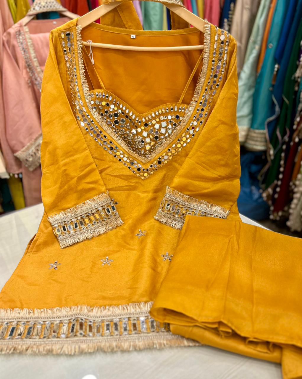 Article 1768 – Pure Glass Tissue Bustier Sharara Cordset with Choker Dupatta & Mirror Work