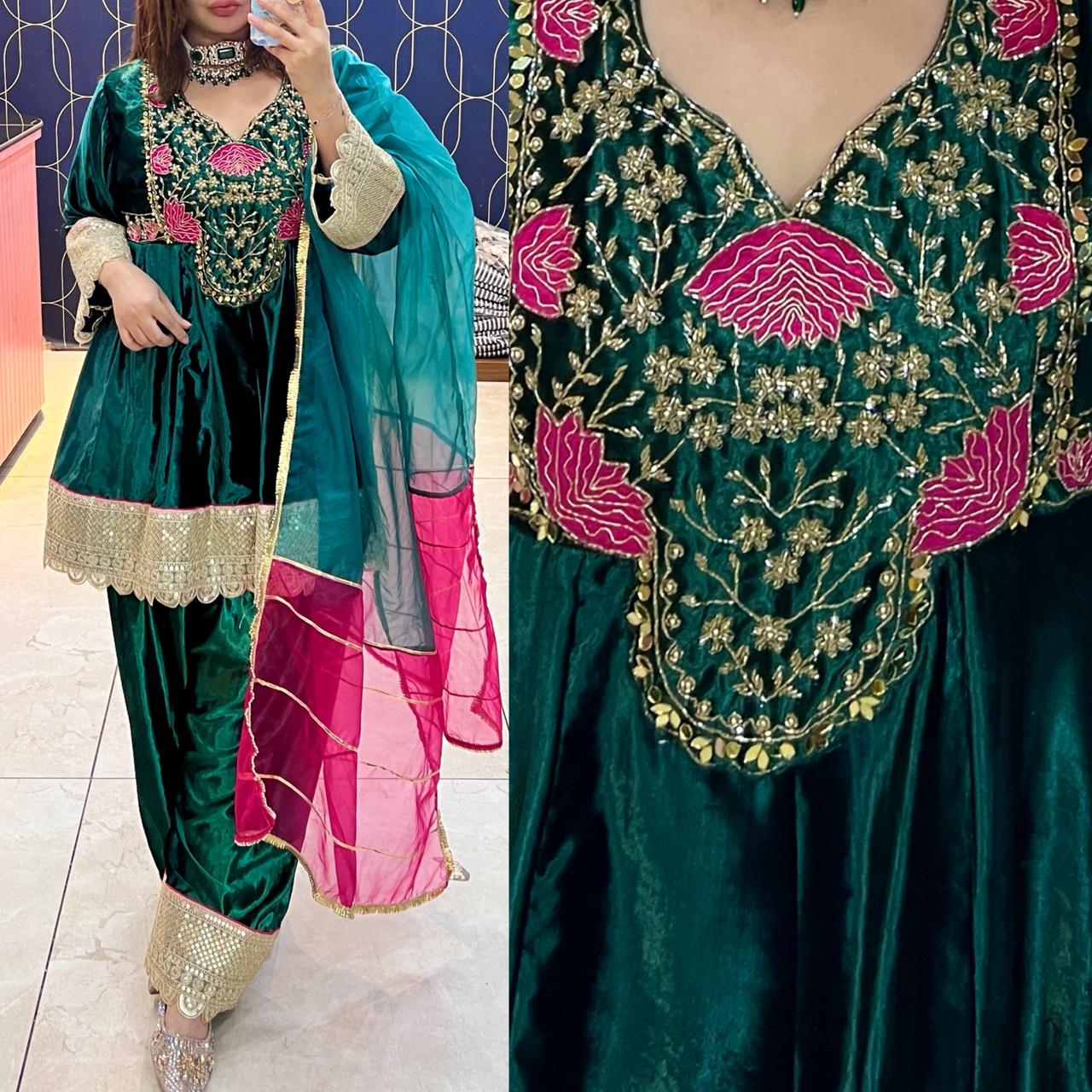 Article 1799 – Velvet Handwork Farshi Salwar Suit with Organza Dupatta | Urban Closet