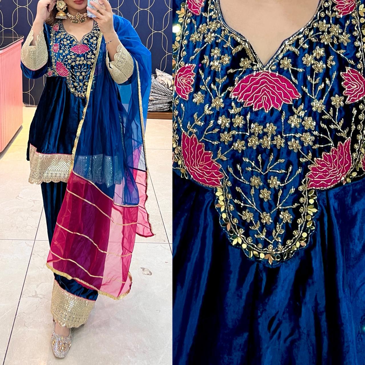 Article 1799 – Velvet Handwork Farshi Salwar Suit with Organza Dupatta | Urban Closet