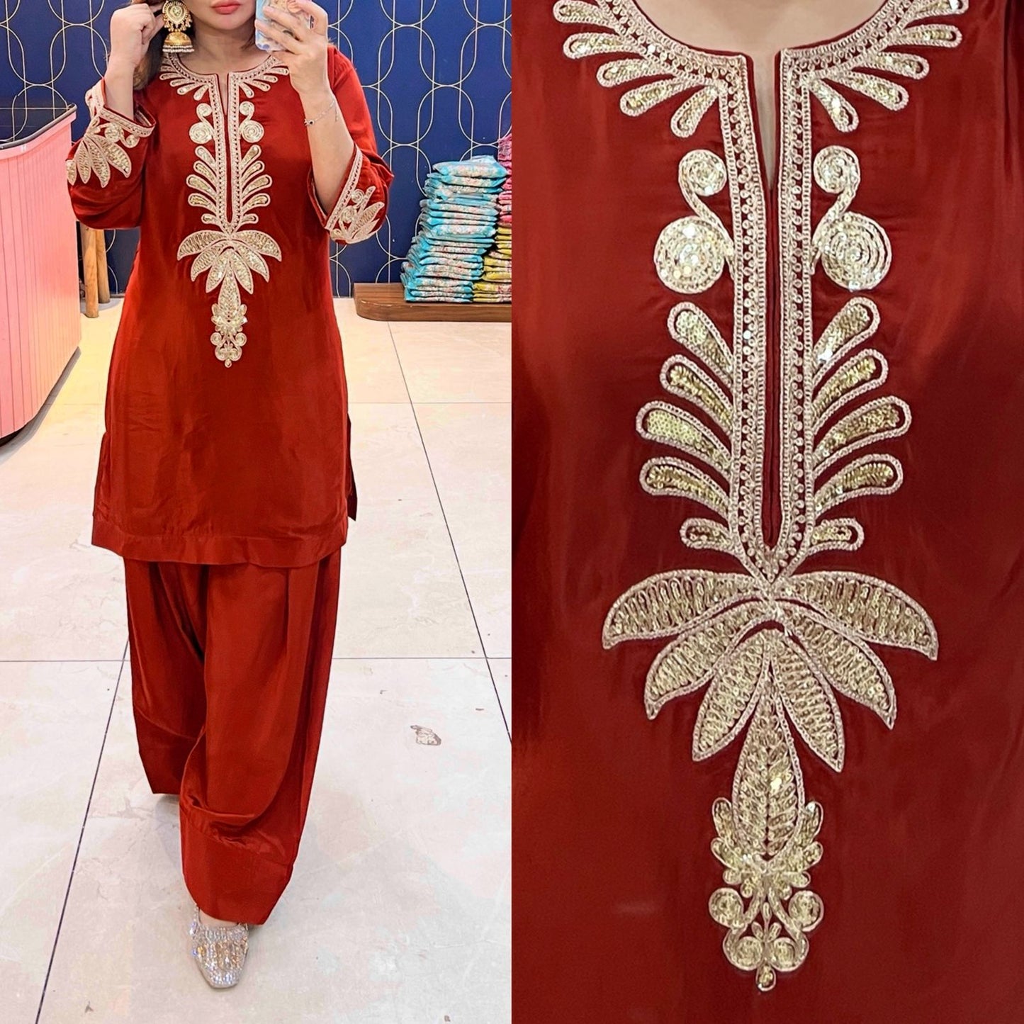 Article 1934 – Pure Crepe Farshi Salwar Suit with Zari Work | Urban Closet