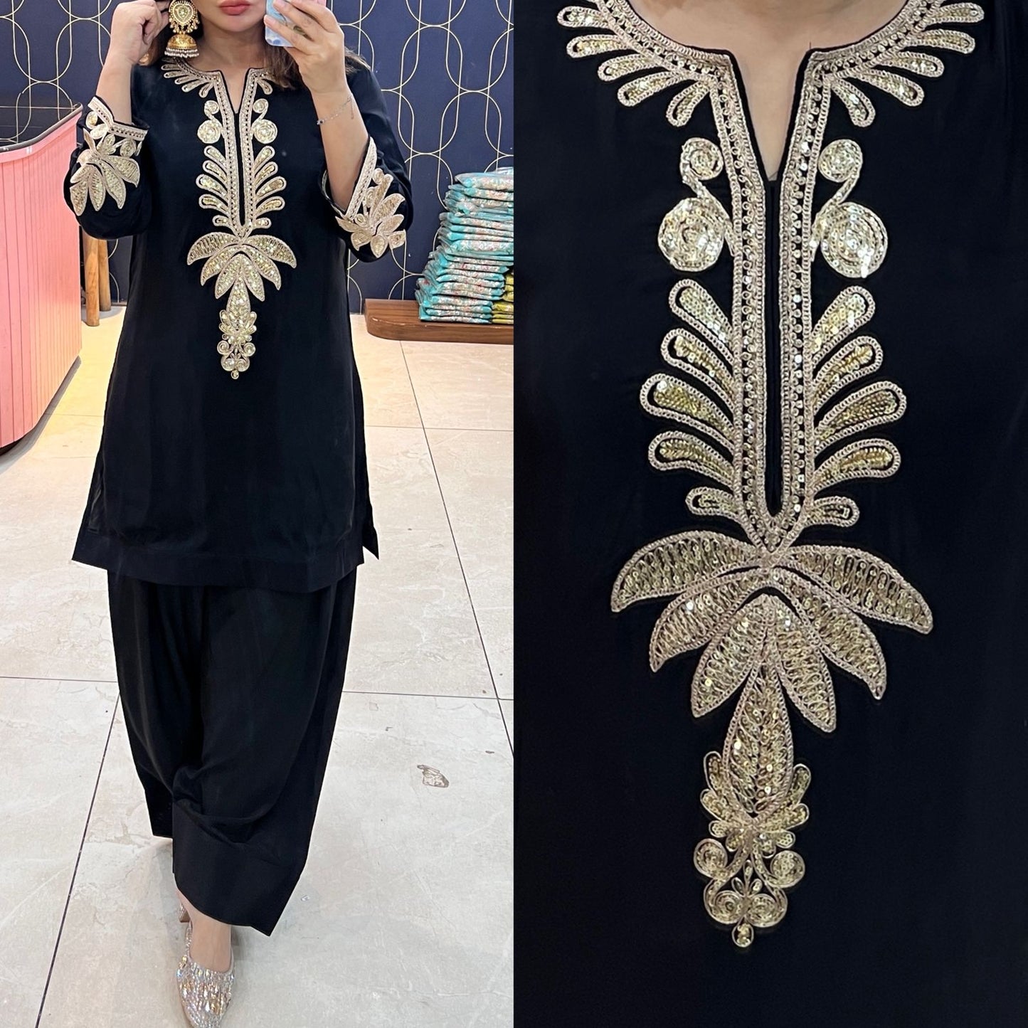 Article 1934 – Pure Crepe Farshi Salwar Suit with Zari Work | Urban Closet