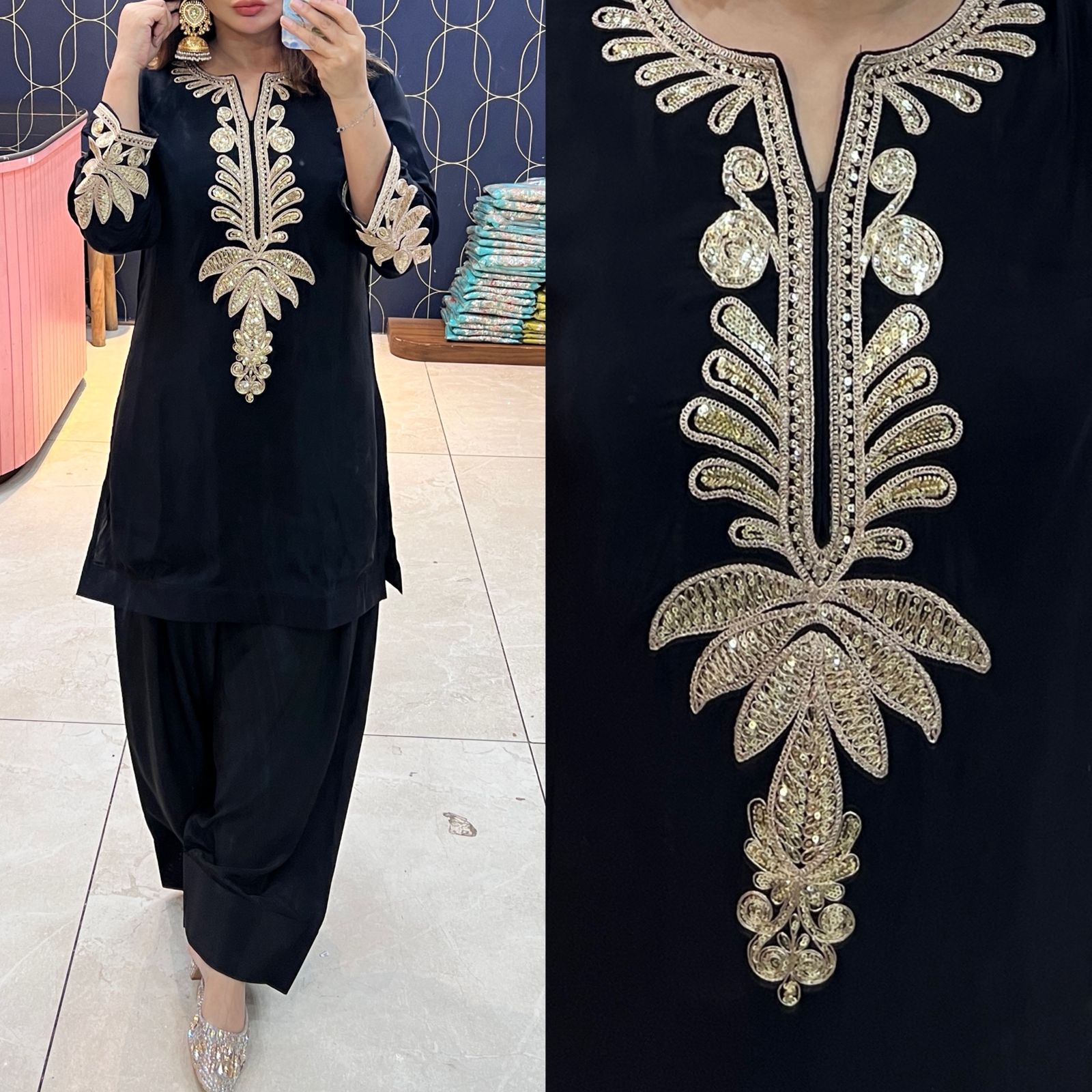 Article 1934 – Pure Crepe Farshi Salwar Suit with Zari Work | Urban Closet