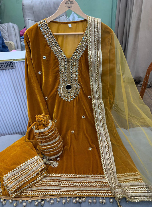 Article 1175 | Velvet Cord Set with Real Mirror Hand Work, Potli & Dupatta