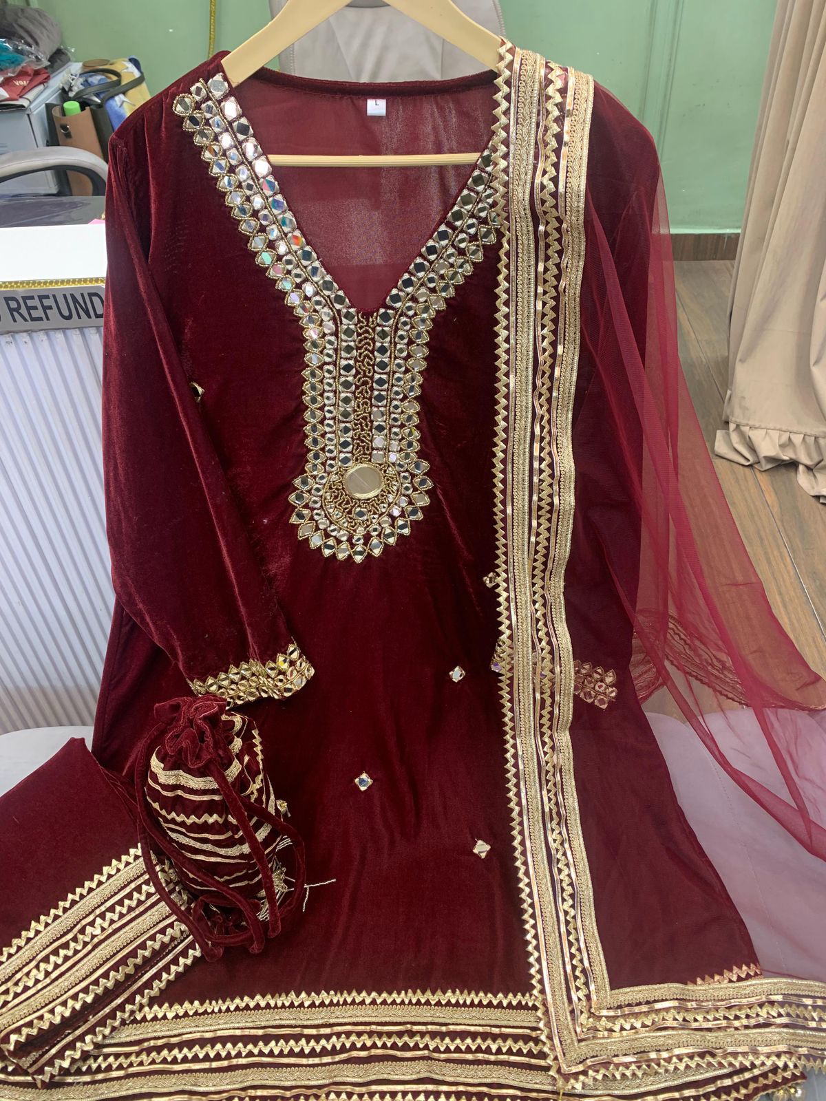 Article 1175 | Velvet Cord Set with Real Mirror Hand Work, Potli & Dupatta