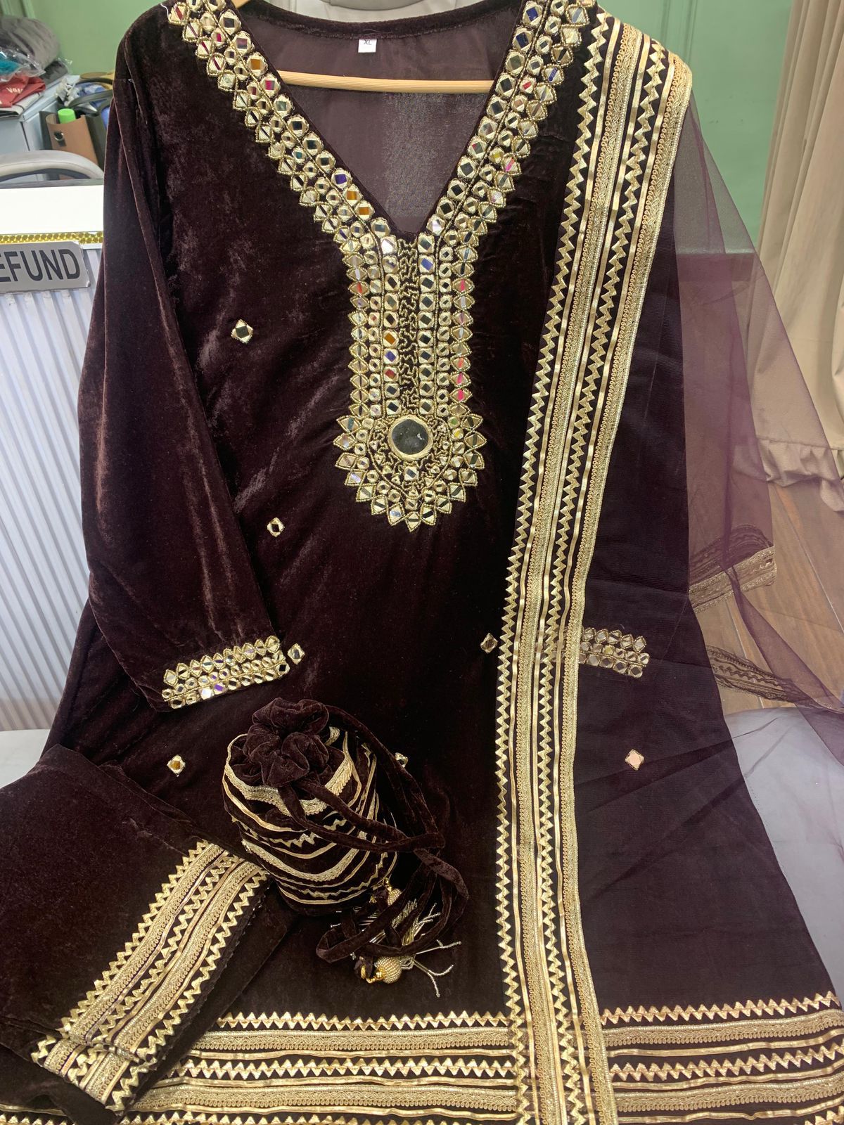 Article 1175 | Velvet Cord Set with Real Mirror Hand Work, Potli & Dupatta