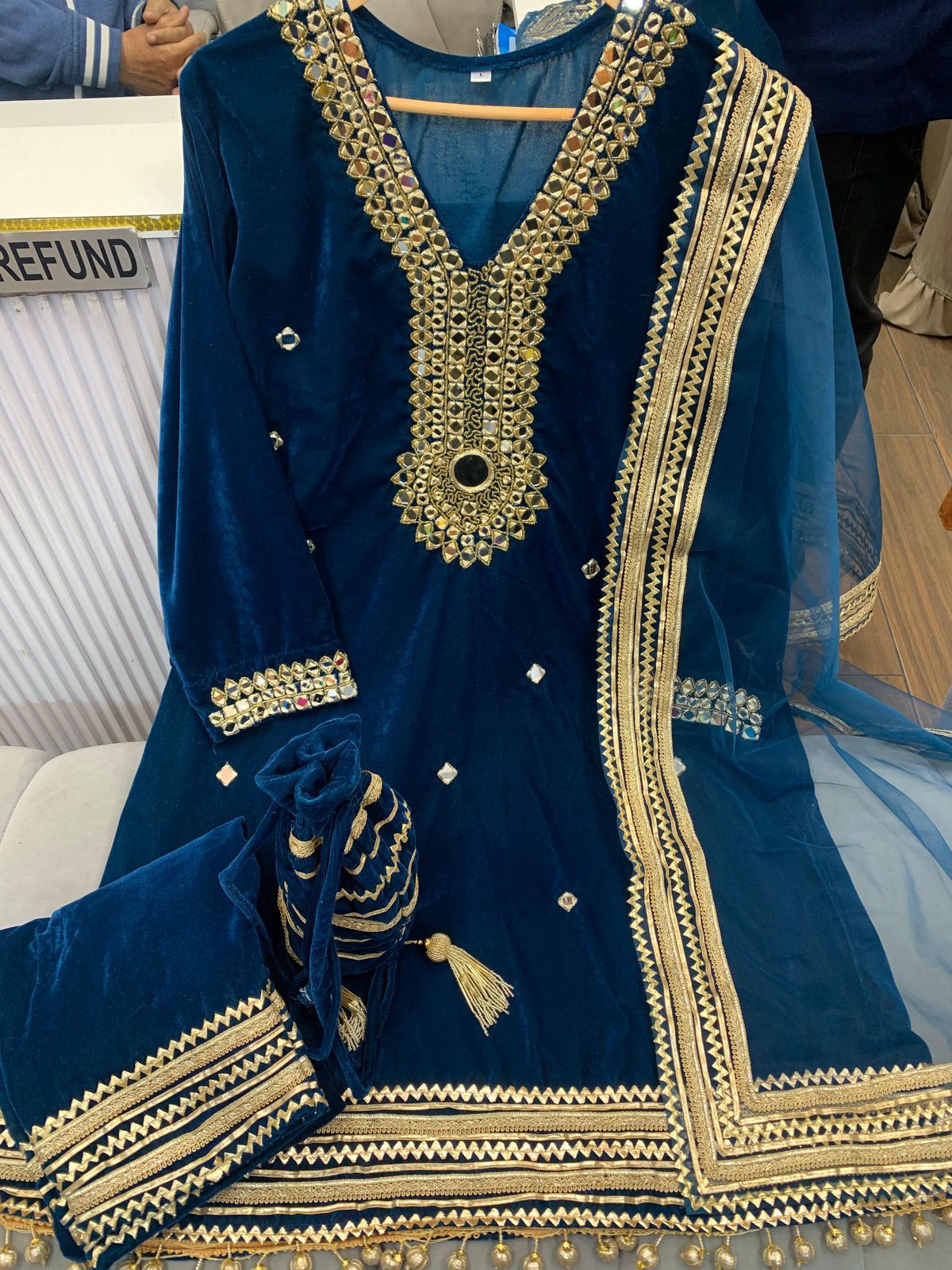 Article 1175 | Velvet Cord Set with Real Mirror Hand Work, Potli & Dupatta