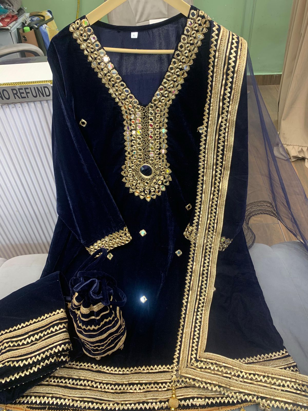 Article 1175 | Velvet Cord Set with Real Mirror Hand Work, Potli & Dupatta