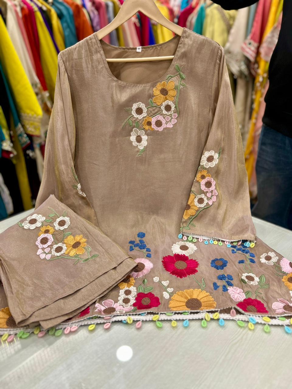 Article 1620 | Tissue Shimmer Fabric Cord Set with Floral Embroidery & Bell Bottom Pants