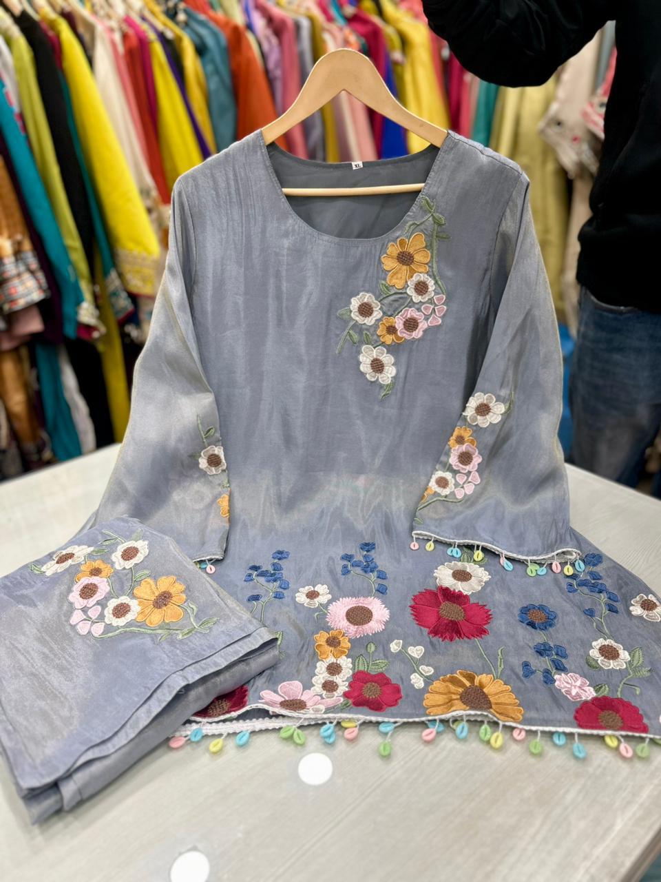 Article 1620 | Tissue Shimmer Fabric Cord Set with Floral Embroidery & Bell Bottom Pants