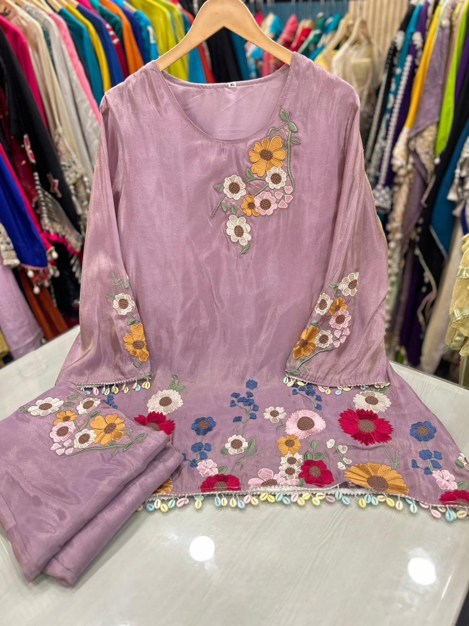 Article 1620 | Tissue Shimmer Fabric Cord Set with Floral Embroidery & Bell Bottom Pants