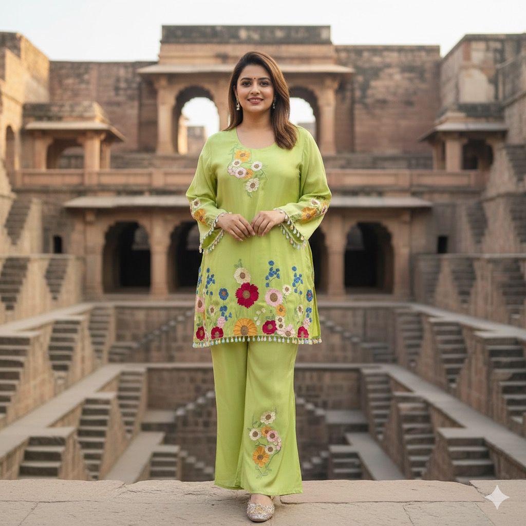 Article 1620 | Tissue Shimmer Fabric Cord Set with Floral Embroidery & Bell Bottom Pants