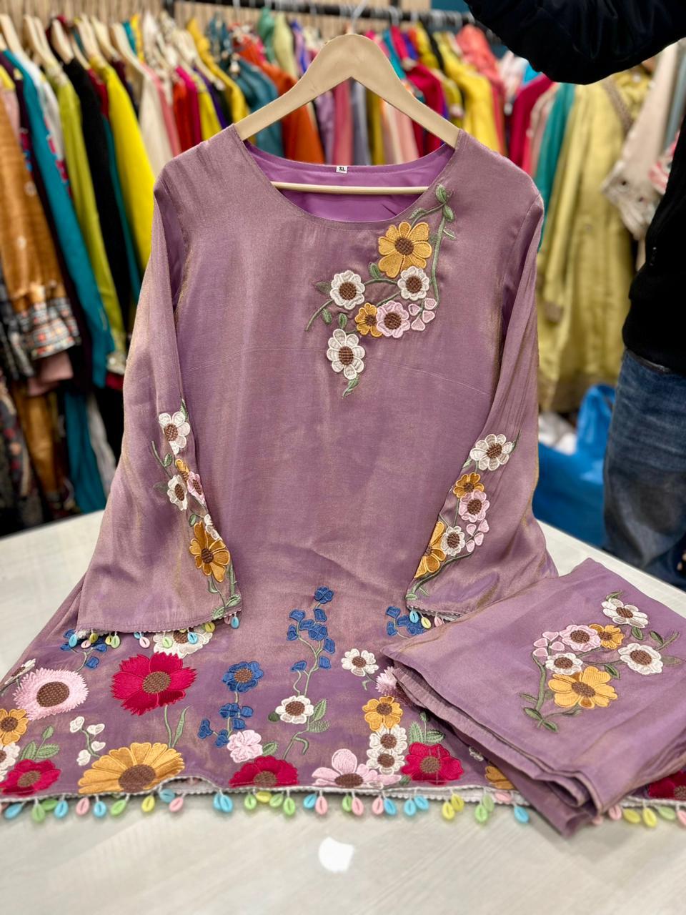 Article 1620 | Tissue Shimmer Fabric Cord Set with Floral Embroidery & Bell Bottom Pants