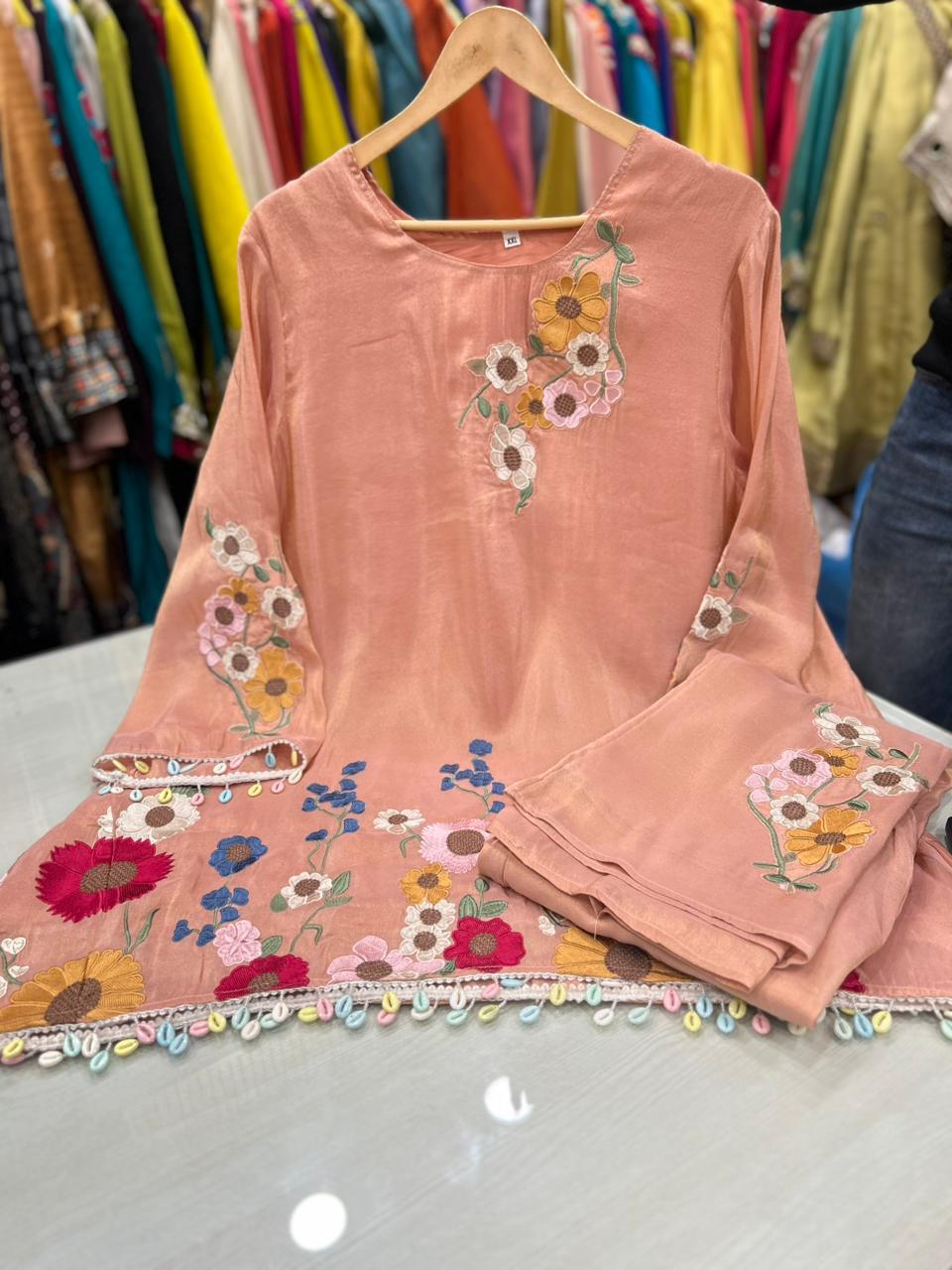 Article 1620 | Tissue Shimmer Fabric Cord Set with Floral Embroidery & Bell Bottom Pants