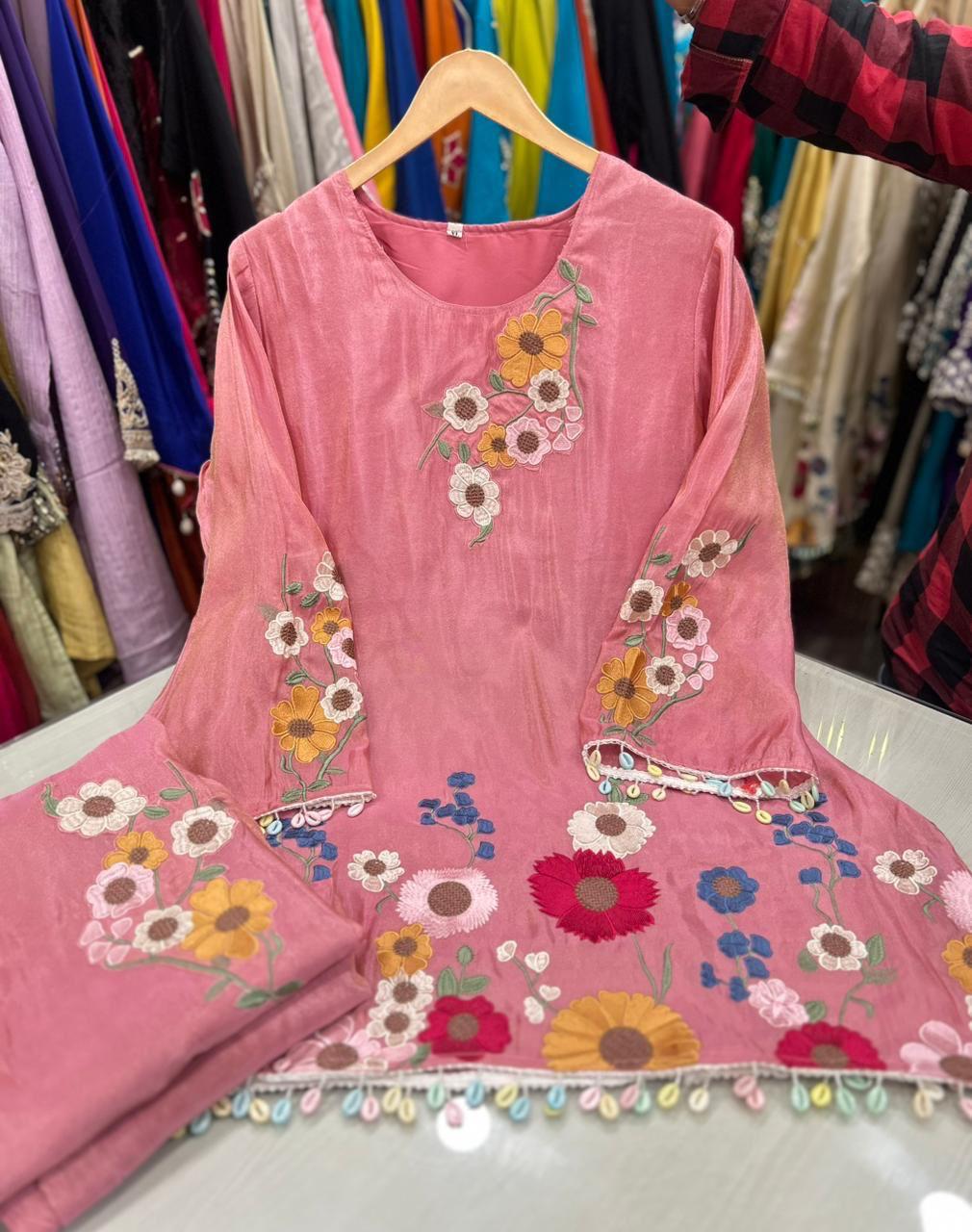 Article 1620 | Tissue Shimmer Fabric Cord Set with Floral Embroidery & Bell Bottom Pants