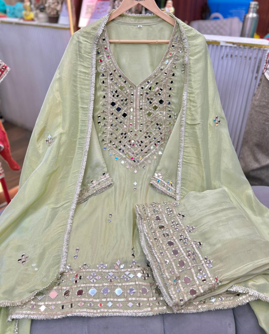 Article 1848 | Tissue Shimmer Heavy Real Mirror Sharara Suit with Mirror Dupatta