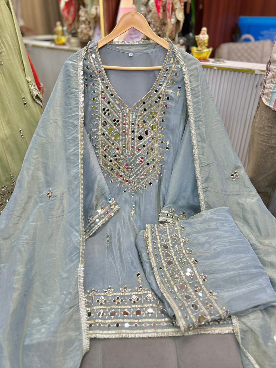 Article 1848 | Tissue Shimmer Heavy Real Mirror Sharara Suit with Mirror Dupatta