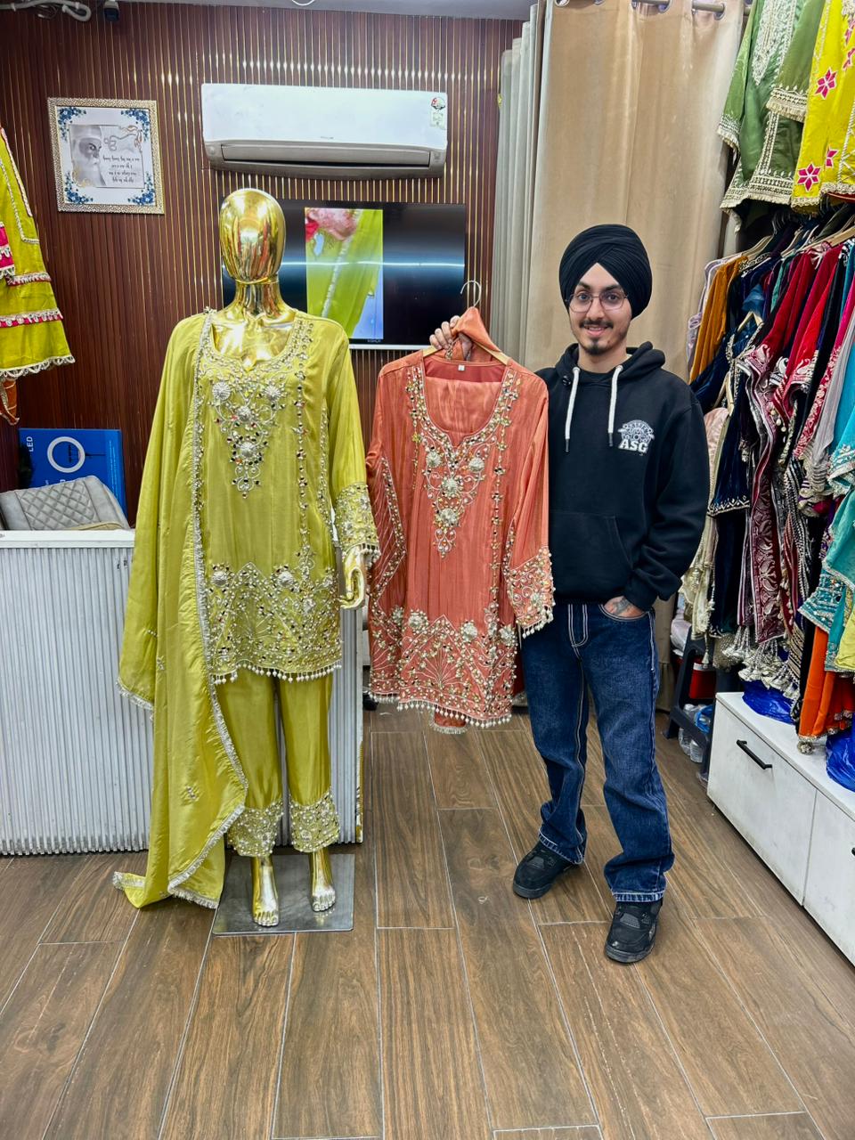 Article 1964 – Premium Tissue Shimmer Straight Suit with Real Mirror, Gotta Patti & Pearl Work | Sizes 40–46