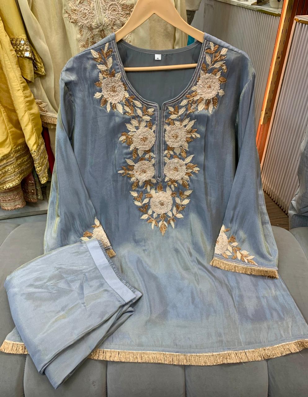 Article 1923 – Tissue Shimmer Floral Embroidered Cord Set for Women | Premium Festive Wear | Sizes 40–46