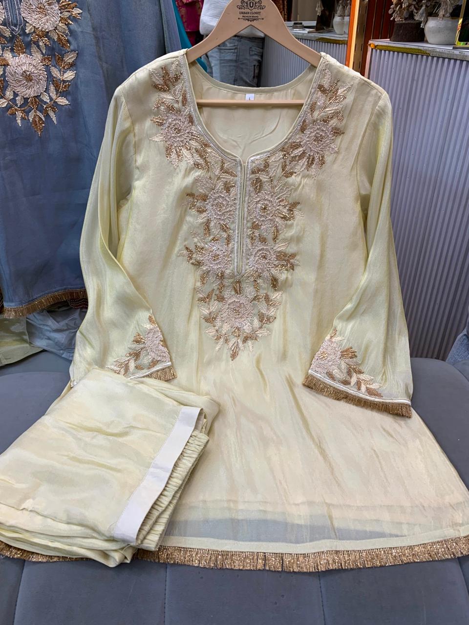 Article 1923 – Tissue Shimmer Floral Embroidered Cord Set for Women | Premium Festive Wear | Sizes 40–46